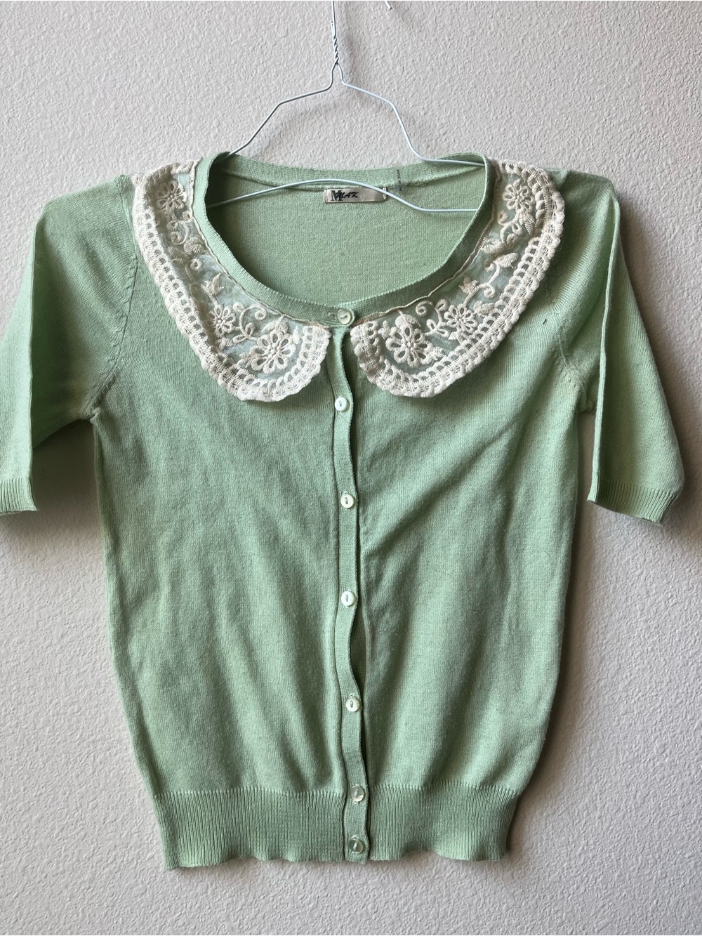 Mint Green Button-Up Cardigan with Lace Peter Pan Collar